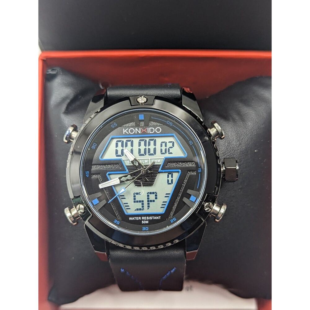 KONXIDO Mens Black Blue Leather Band Analog Quartz Watch with Digital KO6368 - Picture 2 of 4